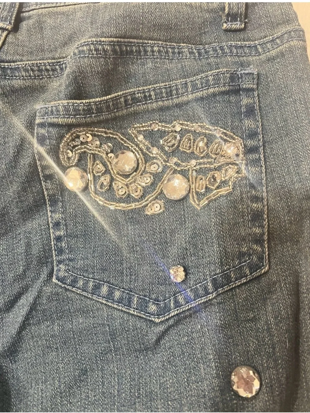 Vintage Cache Y2K Dark Blue Flared Jeans with Silver Rhinestone Embellishment